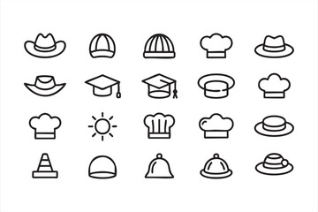 Line art hat icons including cowboy, chef, and graduation caps