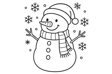 Christmas coloring page for kids featuring smiling snowman with scarf and hat, surrounded by snowflakes, for holiday fun and children s activities. black outline, isolated on white background