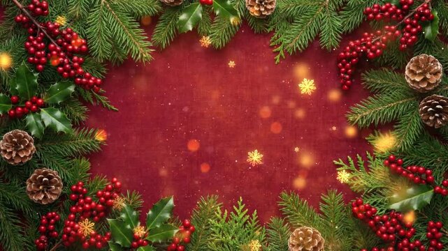 Festive Christmas background with a border of fir branches, red berries, and pinecones on a sparkling red surface.