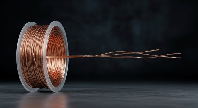 A spool of copper wire rests on a dark surface ready for electrical or construction applications showing industrial quality