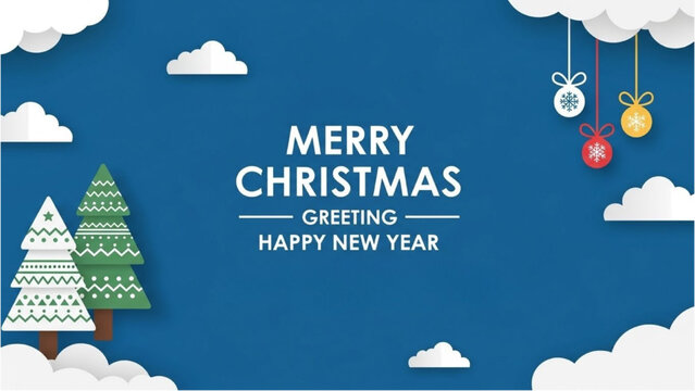 Merry Christmas and Happy New Year greeting card with festive trees and clouds
