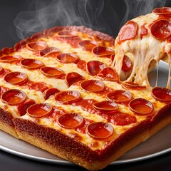 Freshly baked Detroit style pepperoni pizza is arranged on a wooden table with melted cheese
