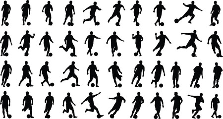 Dynamic black soccer players silhouettes vector illustration set for sports design, game, action, movement, competition, fitness, exercise, training, club, league, goal, kick, dribble, championship, 