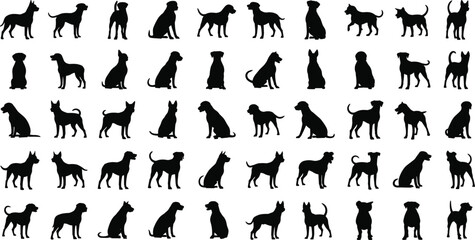 Fifty-Two diverse black dog breed silhouettes vector illustration, showcasing standing, sitting, and active poses for pet ownership, veterinary care, animal welfare, and graphic design