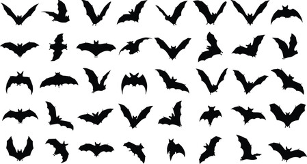 Flying black vampire bats silhouettes set, detailed wing shapes collection, spooky Halloween design elements, wildlife nocturnal creatures, horror themed vector illustration, isolated background.