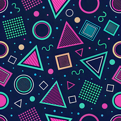 Retro 80s geometric shapes pattern, bright neon colors, seamless