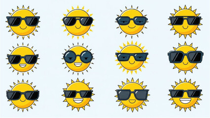 Happy Sun Characters Wearing Different Sunglasses for Summer Fun