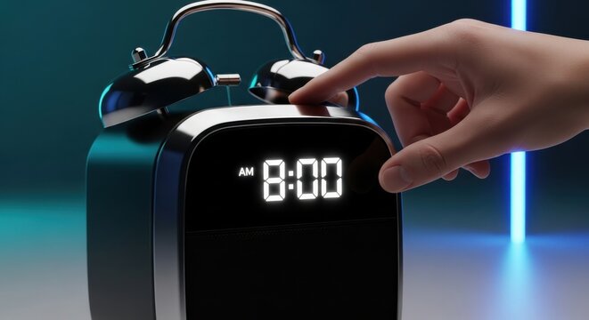 Finger pushing button on digital alarm clock