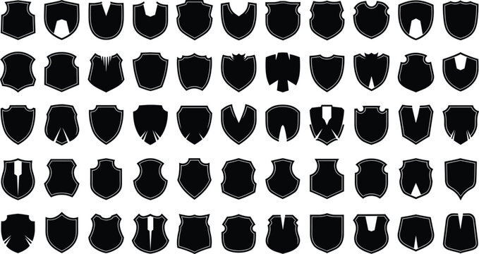 Fifty-Two Black Shield Silhouette Vector Collection, Classic Medieval Heraldry and Modern Military Badge Shapes, Blank Protective Emblem Graphics Set, Security and Defense Logo Elements.