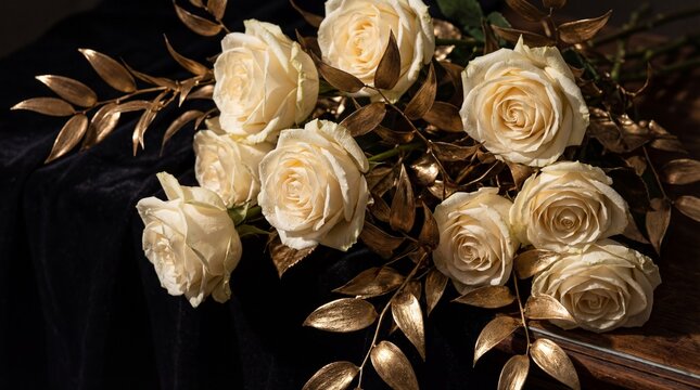 Bouquet of cream white roses and decorative golden leaves on black velvet. Elegant floral composition for luxury events, anniversary cards or funeral tributes. High contrast still life.
