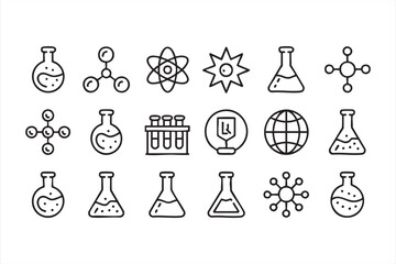 Chemistry Lab Line Icons with Molecules, Flasks, and Test Tubes
