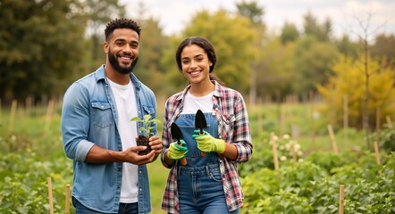 Smiling young multiethnic couple gardening together in a vegetable patch. Happy man and woman holding a seedling and trowels while looking at the camera