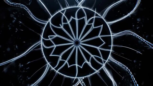 Abstract geometric mandala pattern glowing with ethereal blue light and radiating energy on a dark background