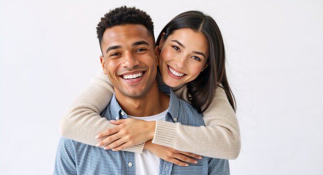 Portrait of a happy interracial couple in love. Cheerful young woman embracing her smiling boyfriend from behind against a white studio background