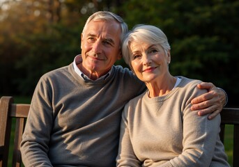 Happy senior couple sitting on a bench in a park. Elderly man and woman embracing outdoors during sunset. Retirement and love concept