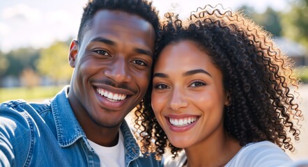 Happy young black couple taking a selfie outdoors. Cheerful man and woman smiling with heads together in sunlight. Love and relationship concept
