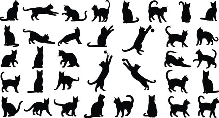 Large collection of domestic cat black silhouettes, various sitting, walking, playing, and jumping poses set, kitten figures vector illustrations, pet animal shape 