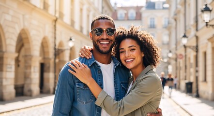 Portrait of a happy mixed-race couple smiling on a city street. Young man and woman embracing on a romantic vacation outdoors