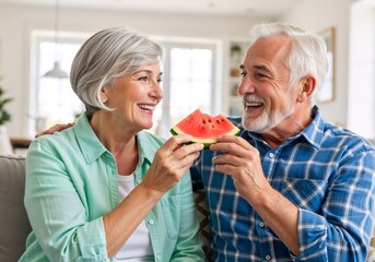 Happy senior couple sharing a slice of watermelon at home. Smiling mature man and woman eating a healthy fruit snack together on the sofa. Love and companionship in retirement