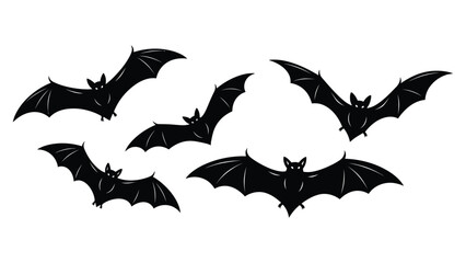 Naklejka premium A spooky flock of five silhouetted bats flying in formation against a white background
