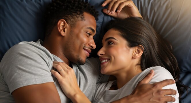 Happy young interracial couple smiling and looking at each other in bed. Loving man and woman embracing with affection in the morning. Romance and intimacy concept - Powered by Adobe
