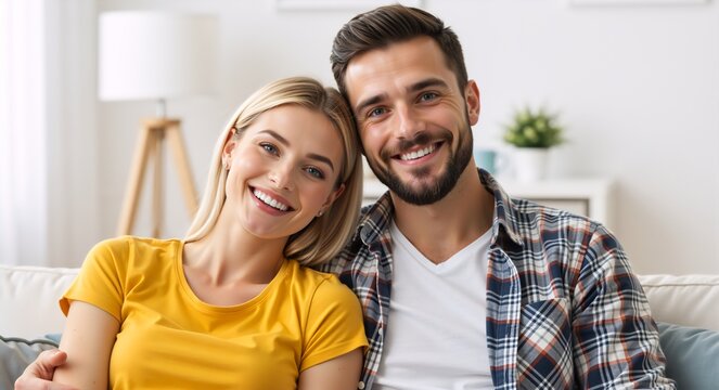 Portrait of a happy young couple embracing on the sofa. Smiling man and woman looking at the camera in their modern living room