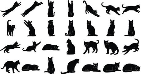Large collection of thirty black cat silhouettes in various dynamic and static poses, illustrating domestic animals, feline agility, stretching, jumping, sleeping, and playful pet behavior 