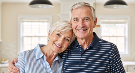 Happy senior couple smiling together in a modern kitchen. Portrait of a retired husband and wife embracing at home. Love and healthy aging concept