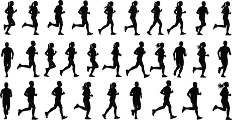 Large Collection of Running Silhouettes Vector Set, Featuring Male and Female Runners in Various Stride Poses, Ideal for Fitness, Marathon Training, Exercise, Sports, and Health Promotion Graphics.