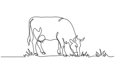 Cow on pasture in continuous line art drawing style. Grazing cow minimalist black linear sketch isolated on transparent background