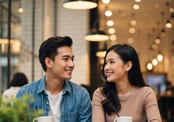 Young Asian couple on a date in a modern coffee shop. Happy man and woman smiling and looking at each other while having a conversation
