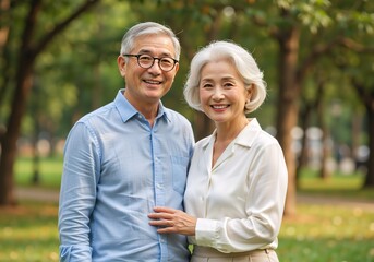 A happy senior asian couple smiles for a portrait in the park. Mature husband and wife enjoying a healthy retirement lifestyle together