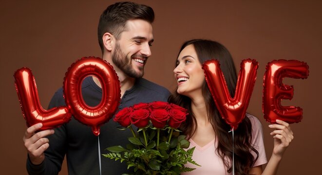Happy young couple holding red love balloons and bouquet of roses. Romantic man and woman celebrating Valentine's Day on brown background. Relationship concept