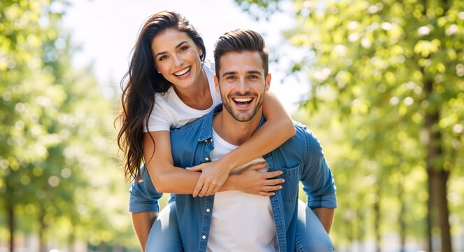 Happy young man giving a piggyback ride to his smiling girlfriend outdoors. Cheerful couple having fun together in a park on a sunny summer day