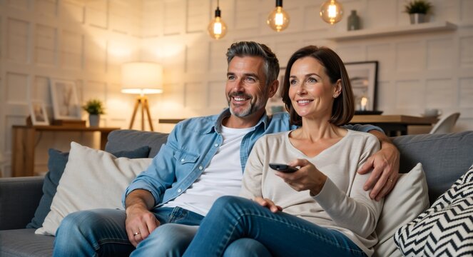 Smiling mature couple watching a movie on tv while relaxing on the couch. Happy husband and wife enjoying leisure time together at home in the evening - Powered by Adobe