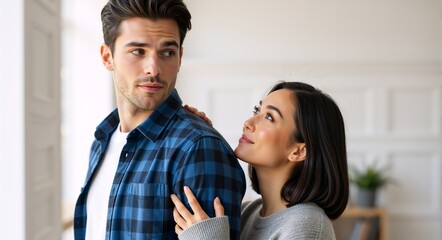 Serious man looking away while smiling woman touches his arm. Interracial couple relationship problem concept
