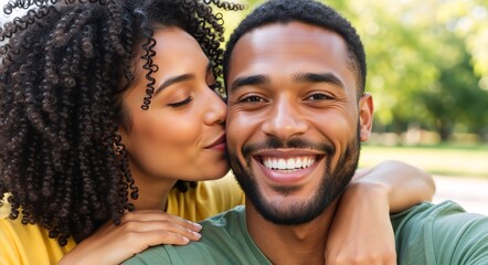 Happy Black couple taking a selfie in a park. Woman kissing smiling man on the cheek. Romantic African American lovers on a summer date outdoors