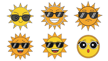 Set of cartoon suns with different facial expressions and sunglasses