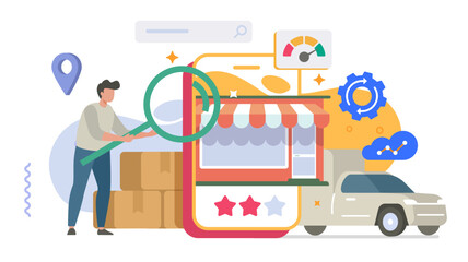 Man review online internet store shop website on mobile cell phone concept vector modern graphic illustration design, virtual ecommerce retail website development project inspection, web site analysis