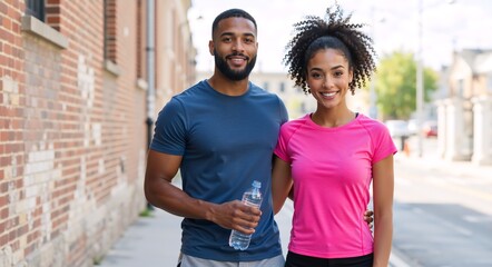Sporty couple standing together on a city street. Happy African American man holding water bottle and mixed race woman smiling. Urban fitness and healthy lifestyle concept
