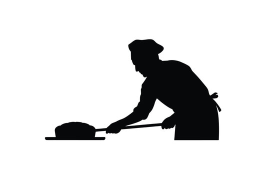 Silhouette of baker placing bread in oven with peel