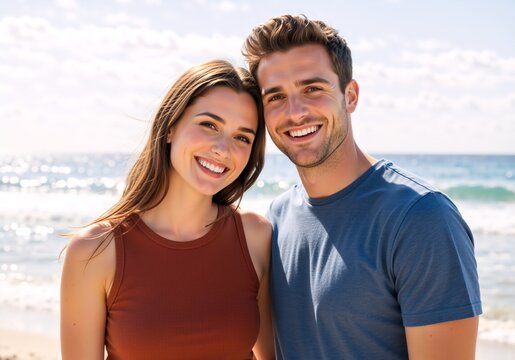Happy young couple smiling on a sunny beach during summer vacation. Portrait of a romantic man and woman standing by the sea