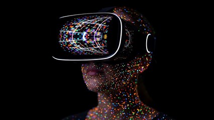 Woman immersed in virtual reality experience with futuristic headset and vibrant digital projections exploring innovative technology and the future of human computer interaction