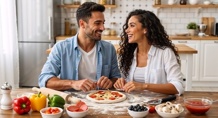 Happy young couple cooking pizza together in the kitchen. Smiling man and woman making homemade food at home. Romantic domestic lifestyle concept