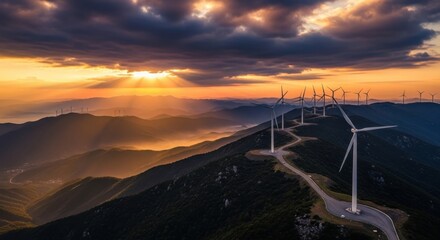 Wind Turbines on Mountain Ridge at Sunset