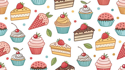 Seamless food icons pattern, desserts, cupcakes, colorful flat design