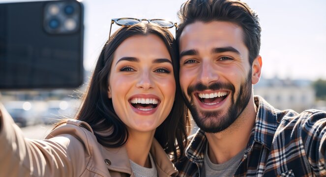 Happy young couple taking a selfie with a smartphone outdoors. Cheerful man and woman smiling at camera on a sunny day