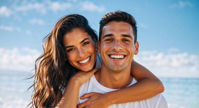 Happy young couple smiling together on a beach. Portrait of an attractive man and woman in love on a summer vacation. Woman embracing her partner from behind outdoors - Powered by Adobe