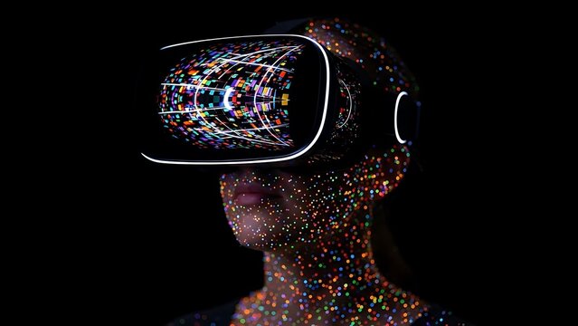 Woman immersed in virtual reality experience with futuristic headset and vibrant digital projections exploring innovative technology and the future of human computer interaction