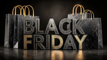 Large BLACK FRIDAY text with exquisite metallic finish centered, flanked symmetrically by black marble-texture bags with golden handles on dark background, premium and mysterious promotion scene
